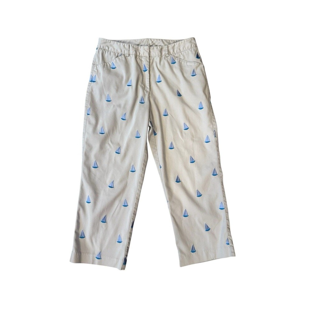 LILLY PULITZER Sz 6 Tan Palm Beach Yacht‎ Embroidery Sailboat Y2K Cropped Pants